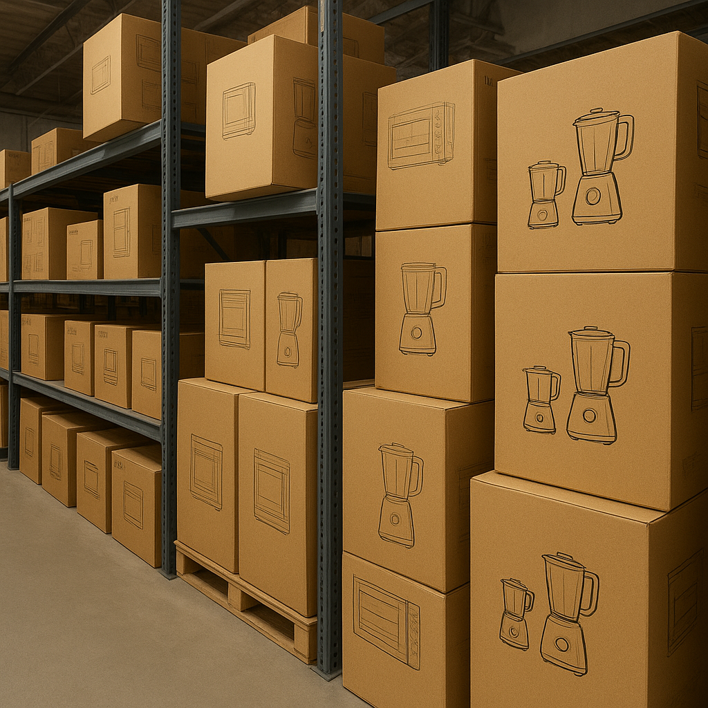 Cardboard boxes with blender illustrations stacked in a warehouse setting