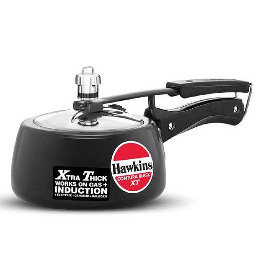 Black pressure cooker with Hawkins branding on a white background
