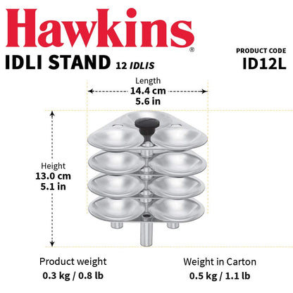 Hawkins Idli Stand Suitable for 3, 5 Litre Cooker, Makes 12 Idlis, Stainless Steel Idli Maker