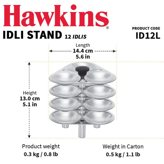 Hawkins Idli Stand Suitable for 3, 5 Litre Cooker, Makes 12 Idlis, Stainless Steel Idli Maker
