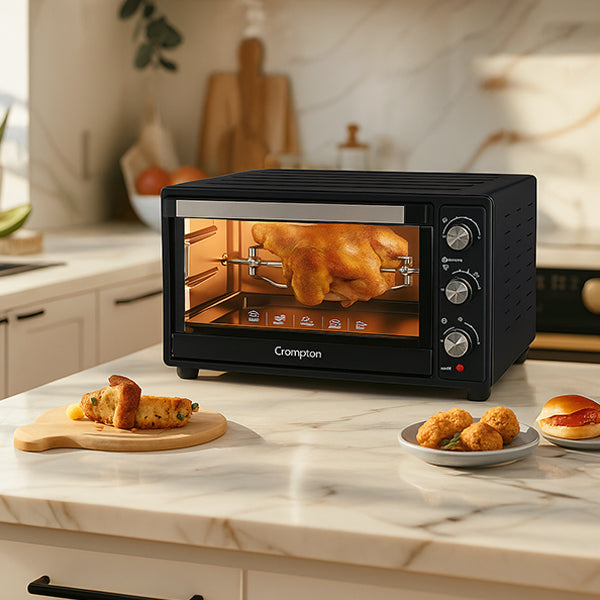 Crompton toaster oven on a kitchen counter with food items around